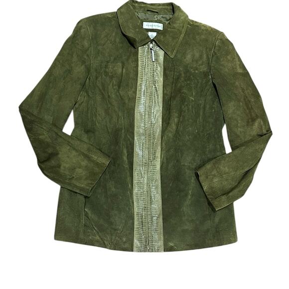 Preston & York Olive Green Suede Full Zip Jacket Reptile Front in Women's Large - Picture 1 of 7